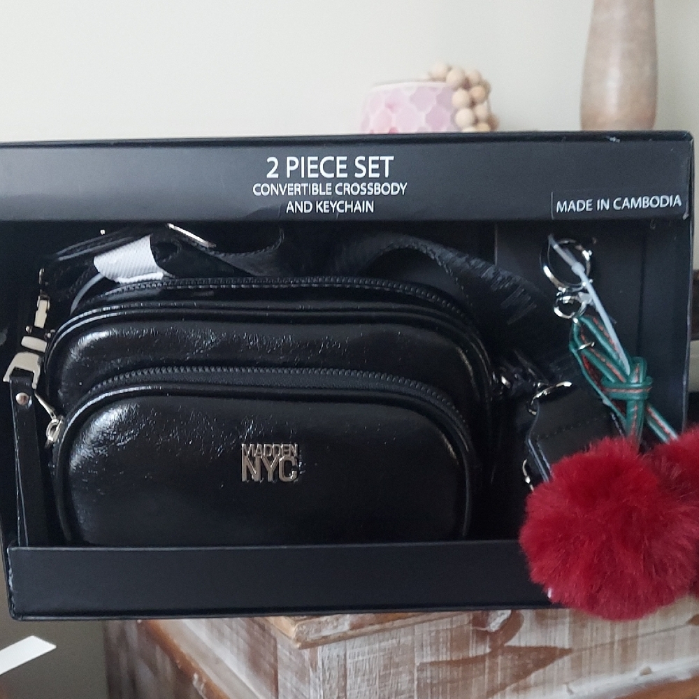 Madden NYC Black Convertible Crossbody and Cherry Keychain Set